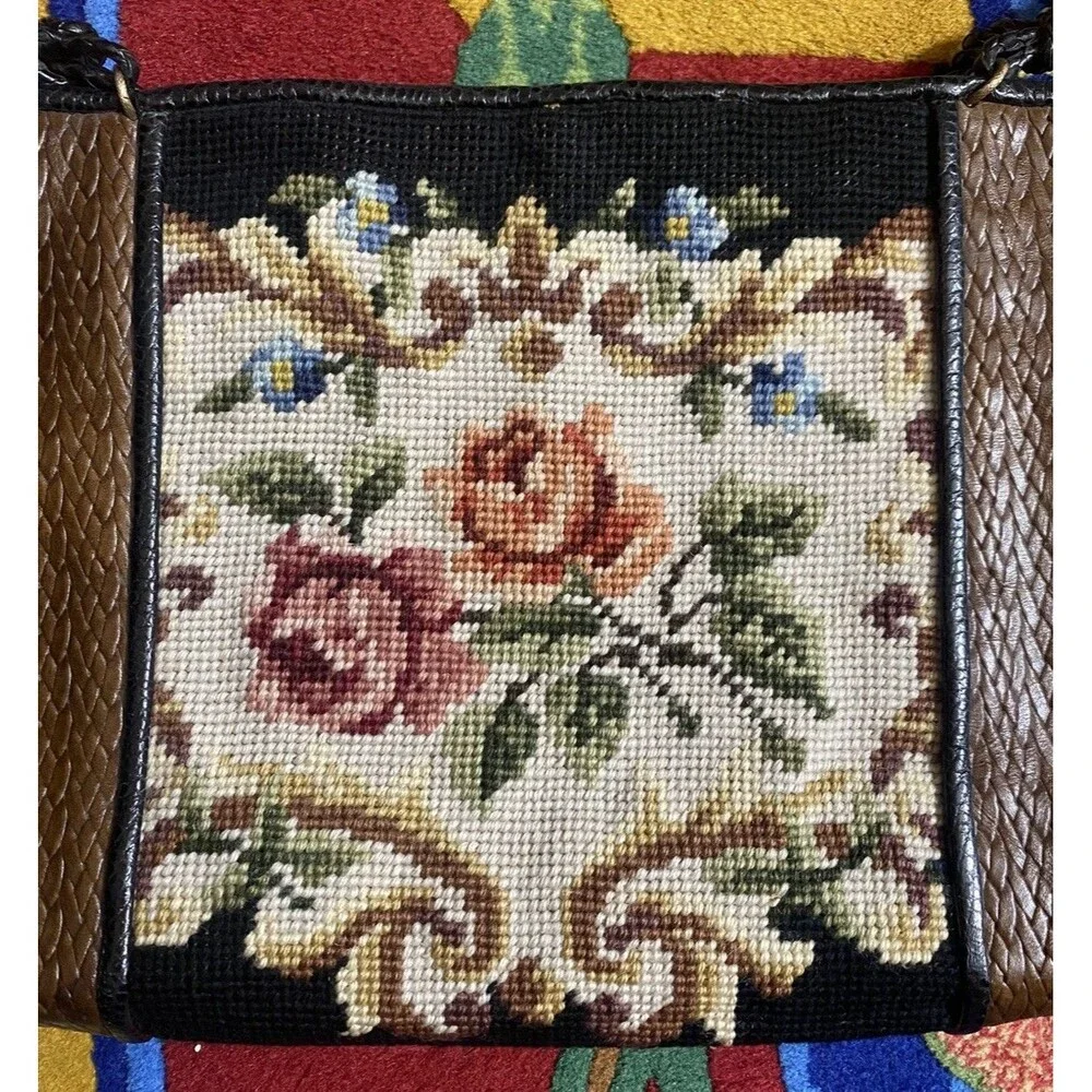 Vintage Needlepoint Floral Handbag Purse 9x12 Leather Ornate Romantic Retro Boho
